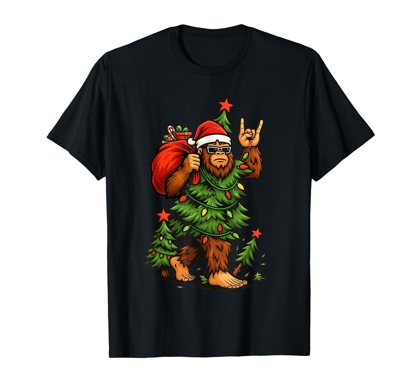 Santa Bigfoot Christmas Tree Xmas Lights Funny Sasquatch T-Shirt