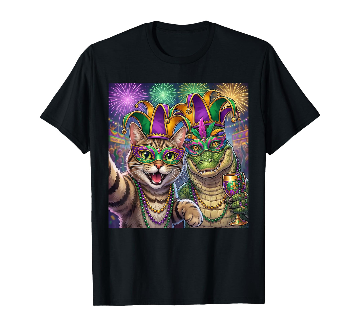 Funny Cat Alligator Selfie Mardi Gras Carnival Party Art T-Shirt