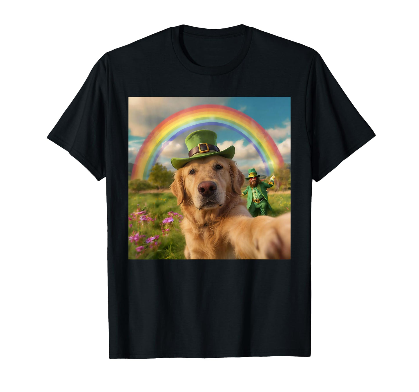 Golden Retriever Dog Selfie with Leprechaun St. Patricks Day T-Shirt