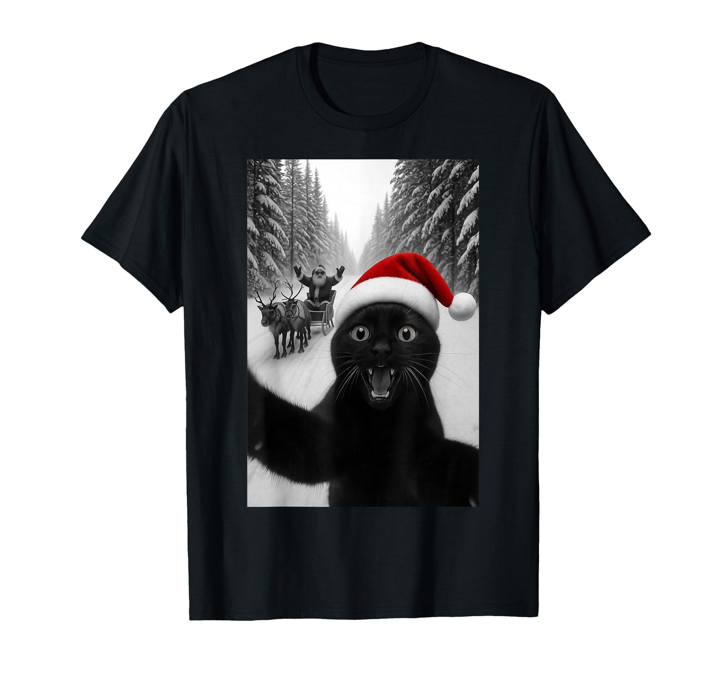 Funny Black Cat Selfie with Santa Christmas Men Women Kids T-Shirt