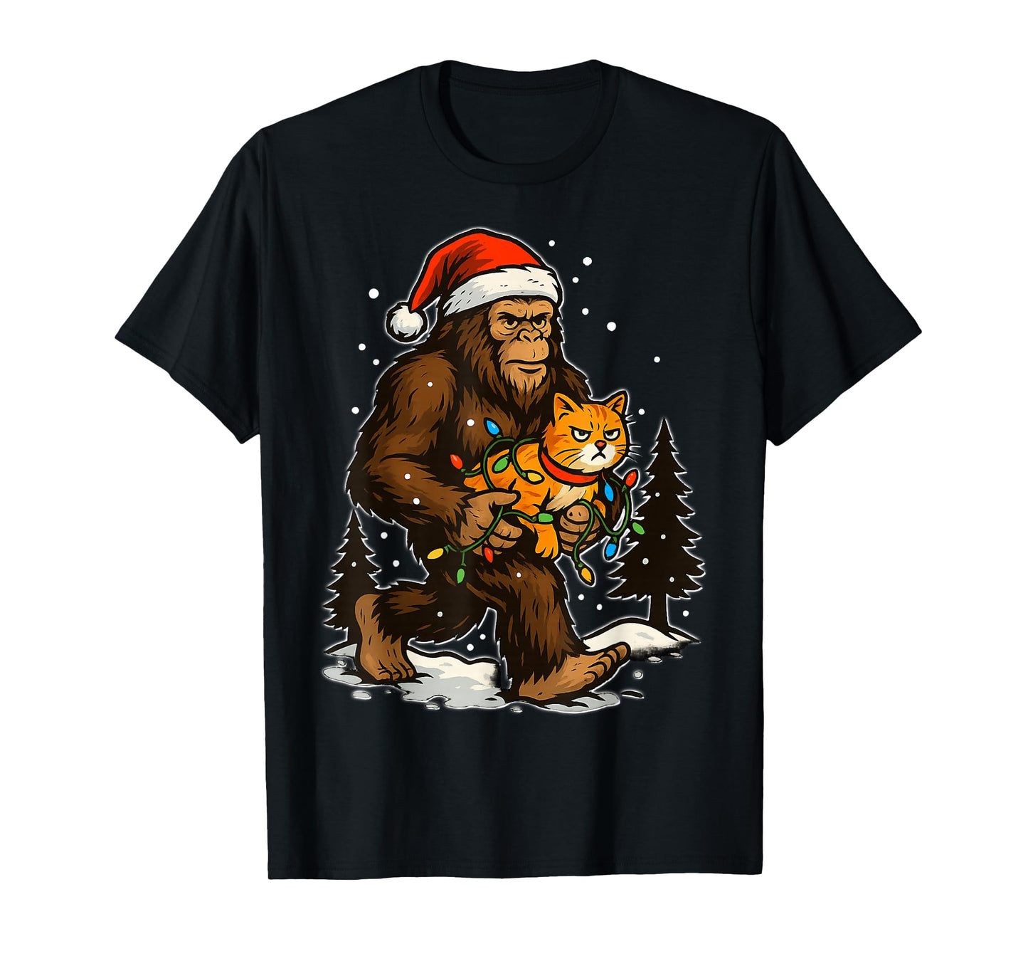 Christmas Bigfoot with Cat and Lights Santa Hat Funny Xmas T-Shirt