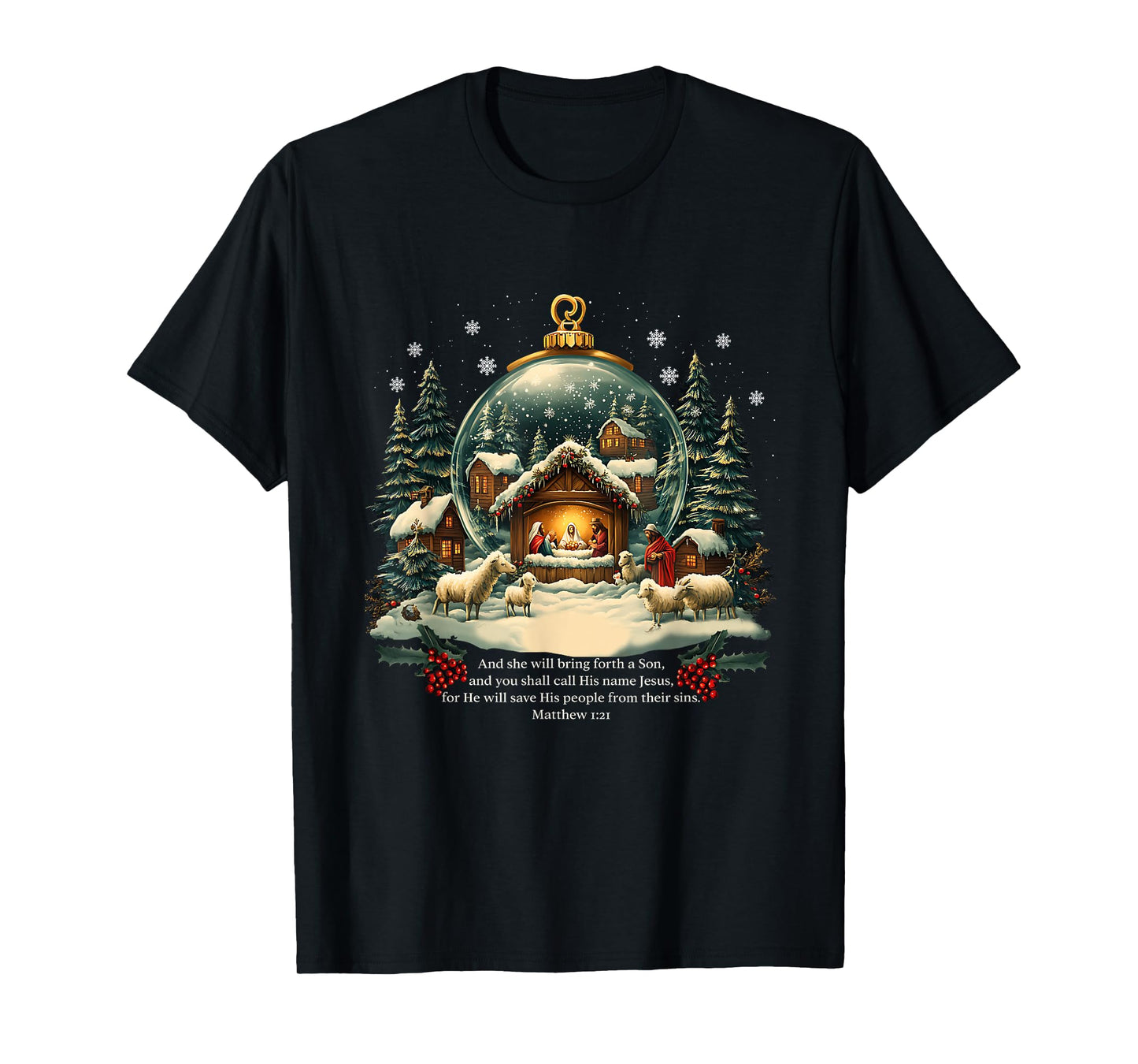 Nativity Ornament Christmas Scene Matthew 1:21 T-Shirt