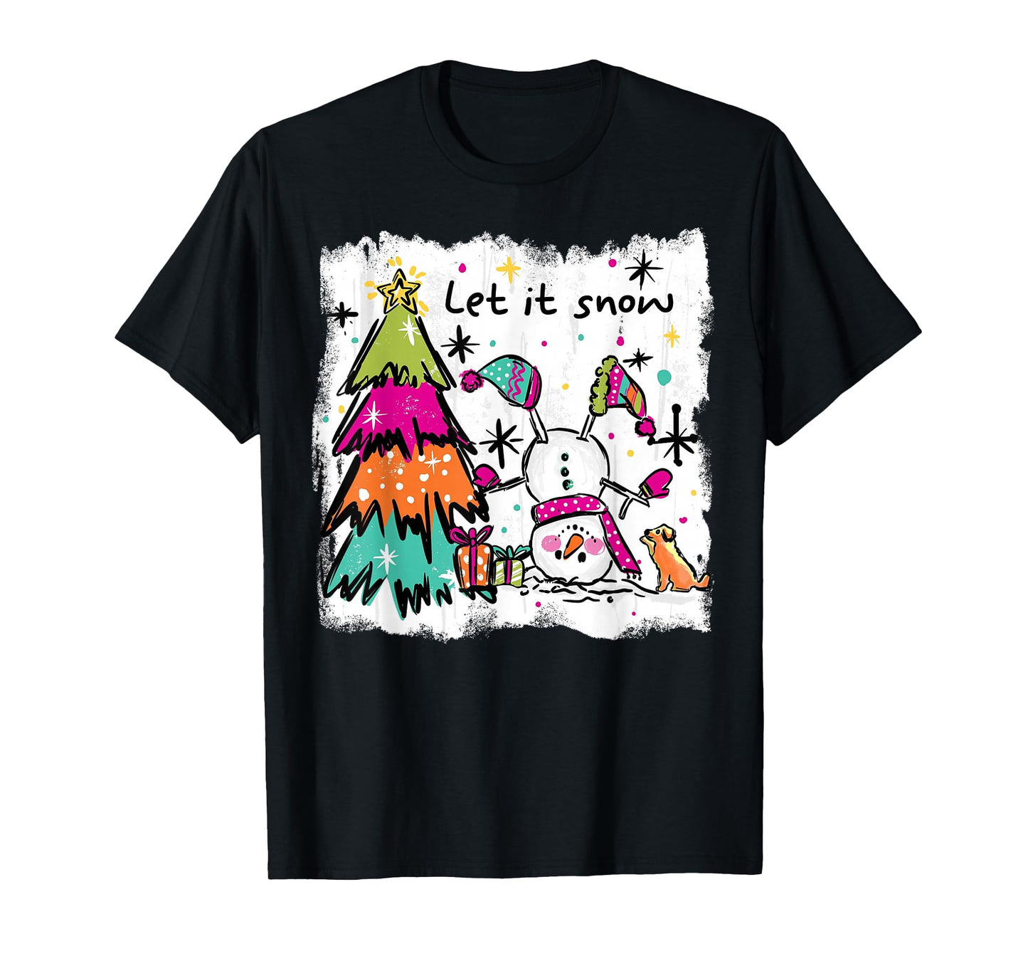 Funny Christmas Snowman Tree Let It Snow Retro Design T-Shirt