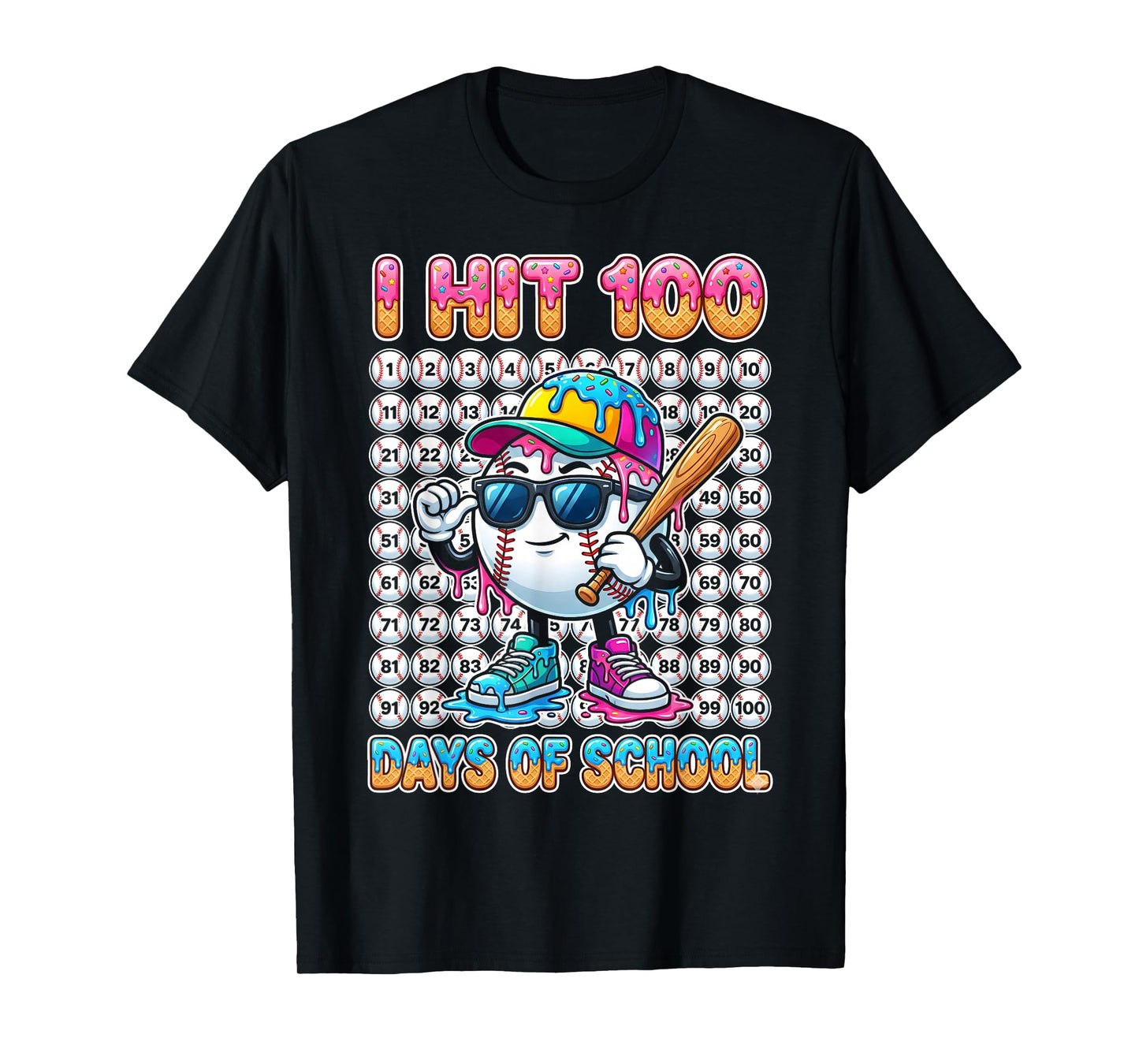 I Hit 100 Days of School Baseball Ice Cram Drip 100th Boys T-Shirt