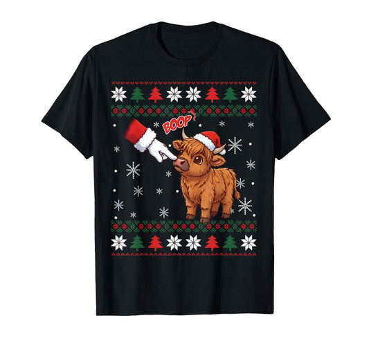 Santa Farmer Funny Western Hand Boop Christmas Highland Cow T-Shirt