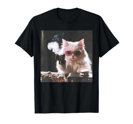 Retro Cool Cat with Gun Pink Sunglasses Cat Meme T-Shirt