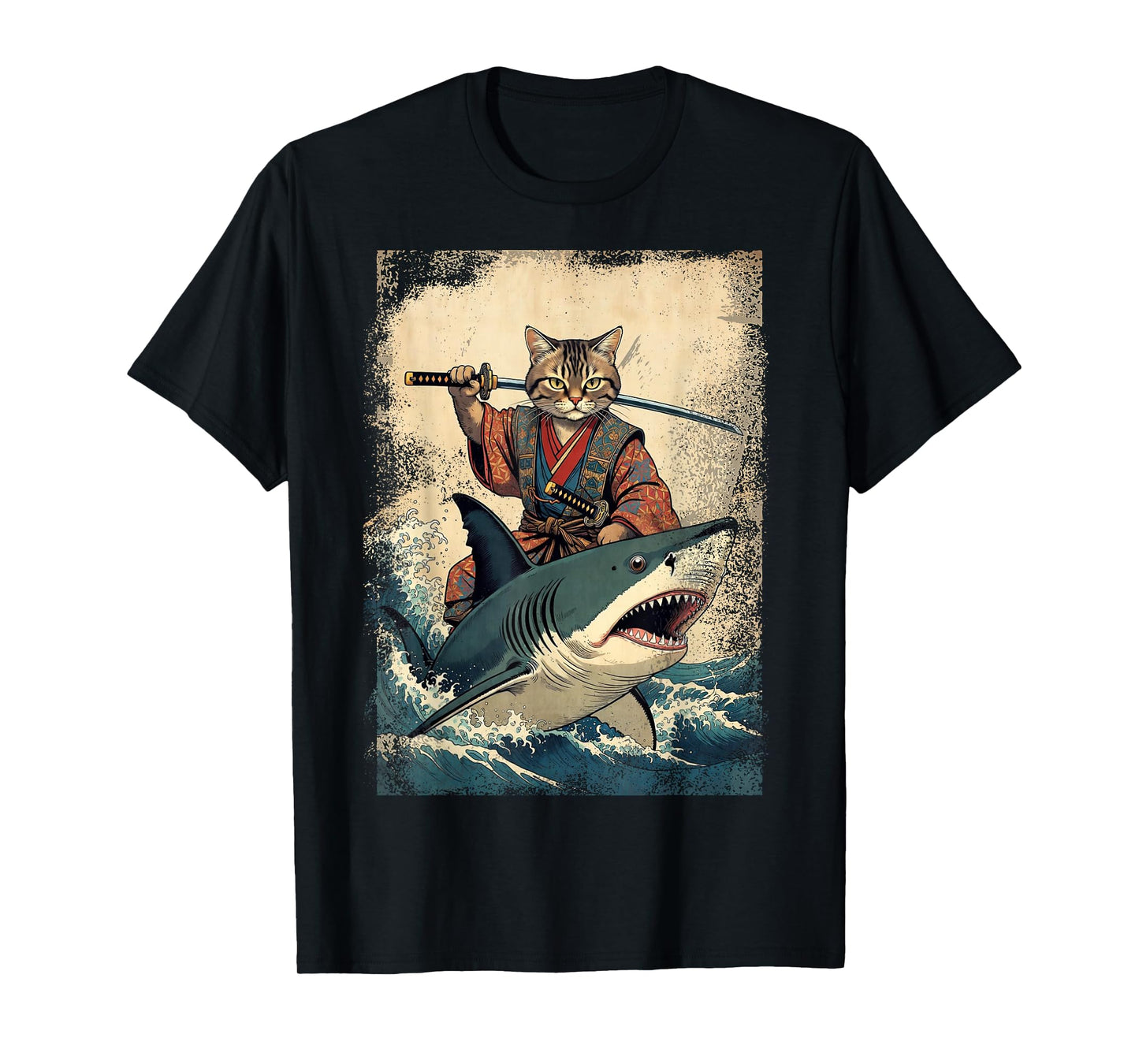 Vintage Samurai Cat Riding a Shark in Japanese Art Anime T-Shirt