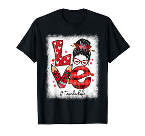 Funny Teacher Life Leopard Messy Bun Valentines Day T-Shirt