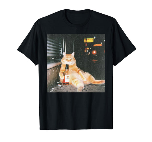 Vintage Drunk Cat Meme in Night Street Funny Cat Lover Gifts T-Shirt