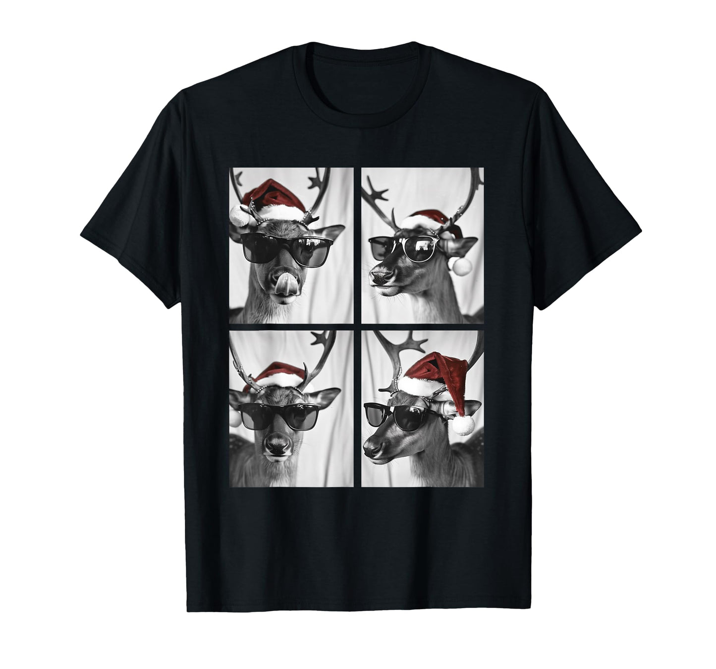 Funny Christmas Deer with Sunglasses Santa Hat Festive Meme T-Shirt