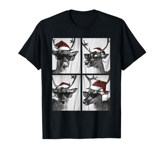 Funny Christmas Deer with Sunglasses Santa Hat Festive Meme T-Shirt
