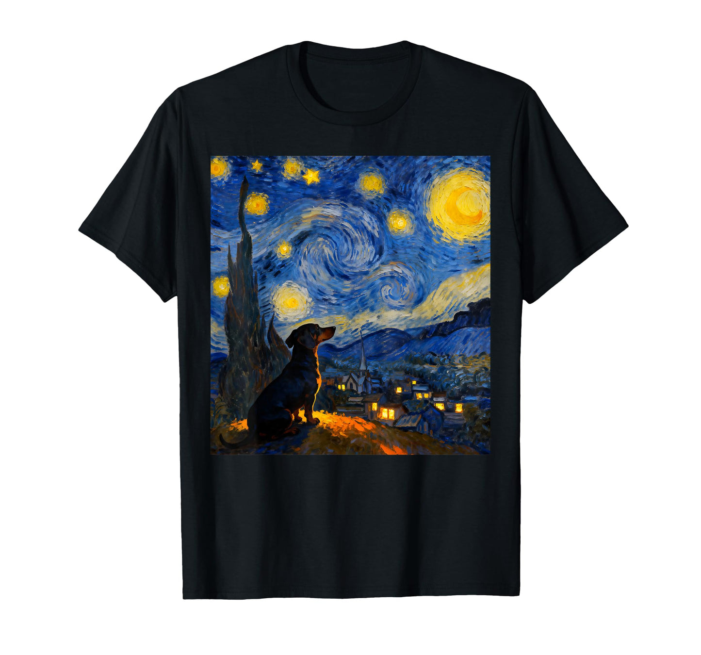 Funny Dachshund Graphic Van Gogh Style Starry Night T-Shirt