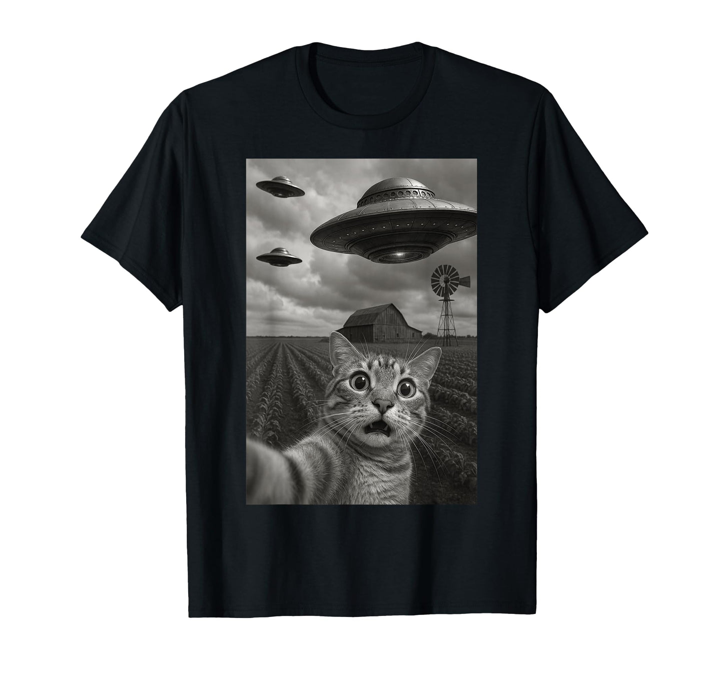 Wide Eyed Cat Selfie UFO Invasion Funny Rural Feline T-Shirt
