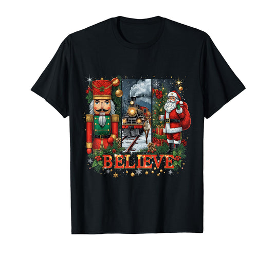 Believe Santa Magical Holiday Spirit Train Winter Wonderland T-Shirt