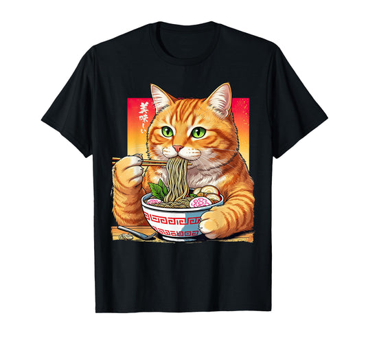 Cat Eating Ramen Noodles Funny Japanese Anime Lovers T-Shirt