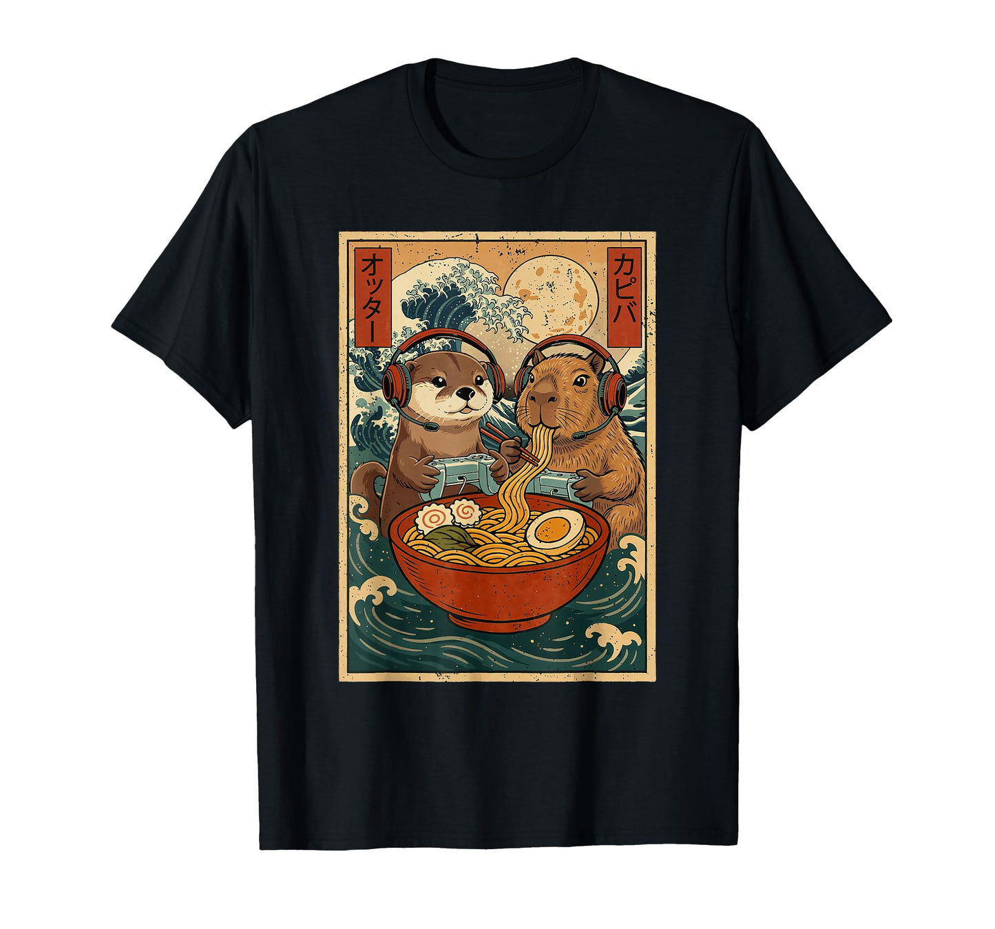 Kawaii Japanese Ramen Gamer Otter & Capybara Retro Gaming T-Shirt