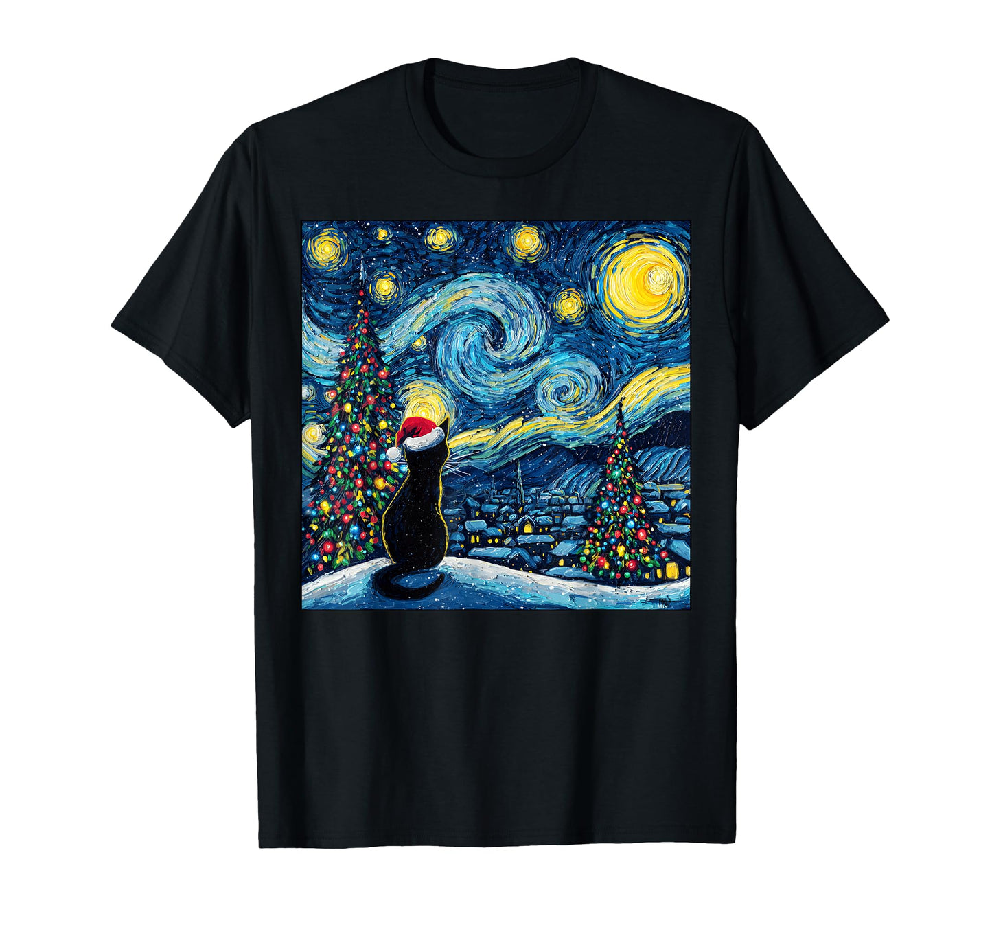 Van Gogh Starry Night Black Cat Santa Hat Toddlers Christmas T-Shirt