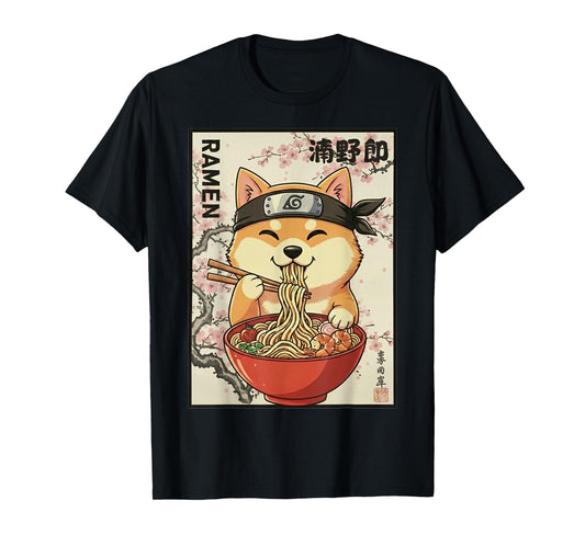 Cute Kawaii Dog Eating Ramen - Japanese Anime T-Shirt