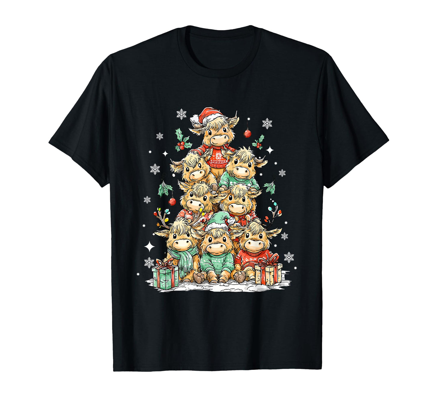 Santa Cow Christmas Tree Highland Cow Meme Western Cow Farm T-Shirt