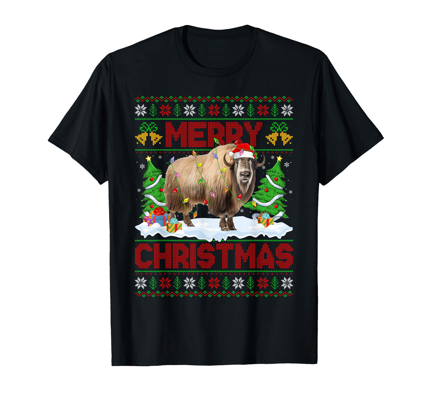 Yak Ugly Xmas Sweater Funny Yak Animal Lights Christmas T-Shirt