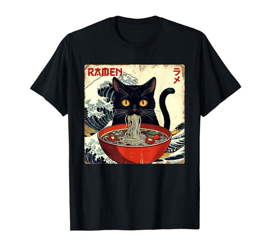 Anime Cat Ramen Japanese Funny Graphic Tees Kawaii Cat Anime T-Shirt