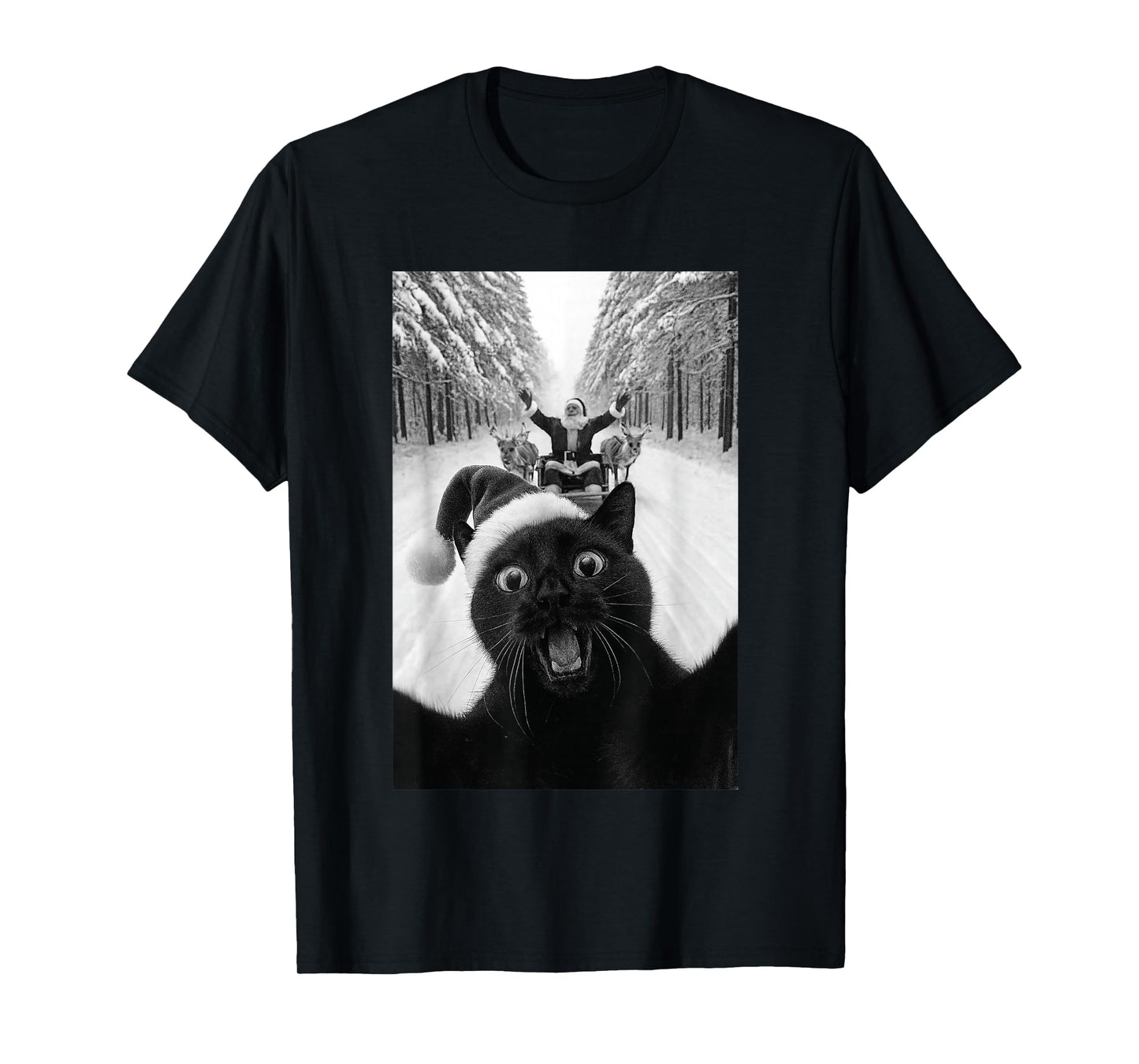 Funny Black Cat Selfie with Santa Christmas T-Shirt