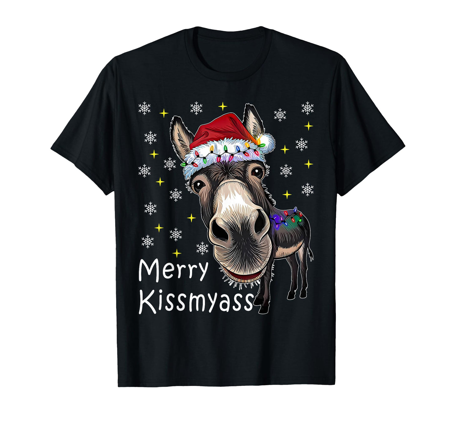 Merry KissMyAss Donkey Wearing Santa Hat Lights Men Women T-Shirt