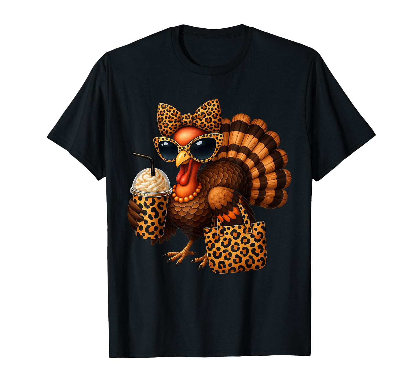 Turkey with Coffee Coquette Bow Thanksgiving Women Girl T-Shirt