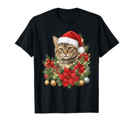 Cat Christmas Flowers Holiday Santa Cat Lover Xmas Pajamas T-Shirt