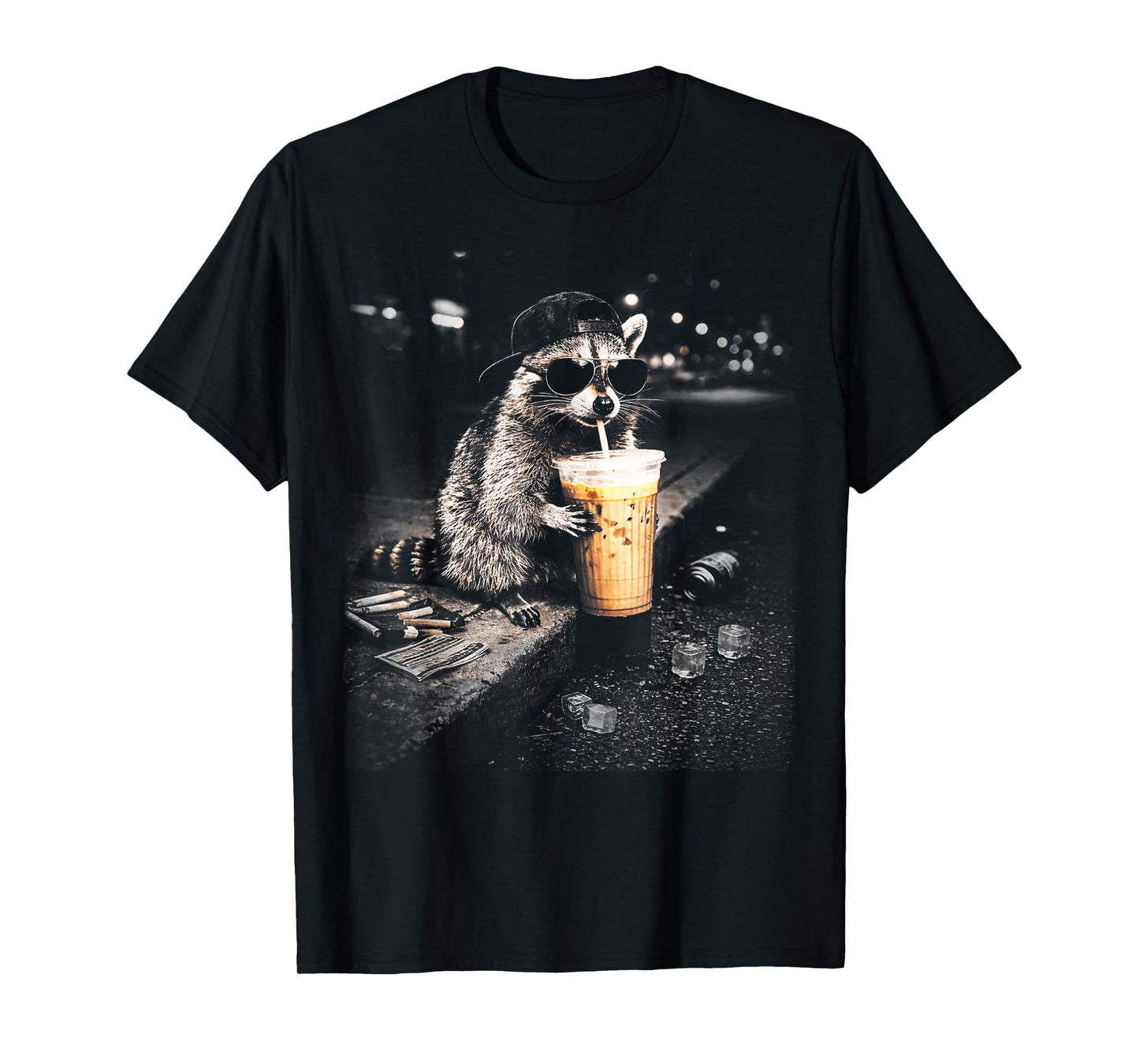 Funny Raccoon Drinking Iced Coffee Lover Humor T-Shirt