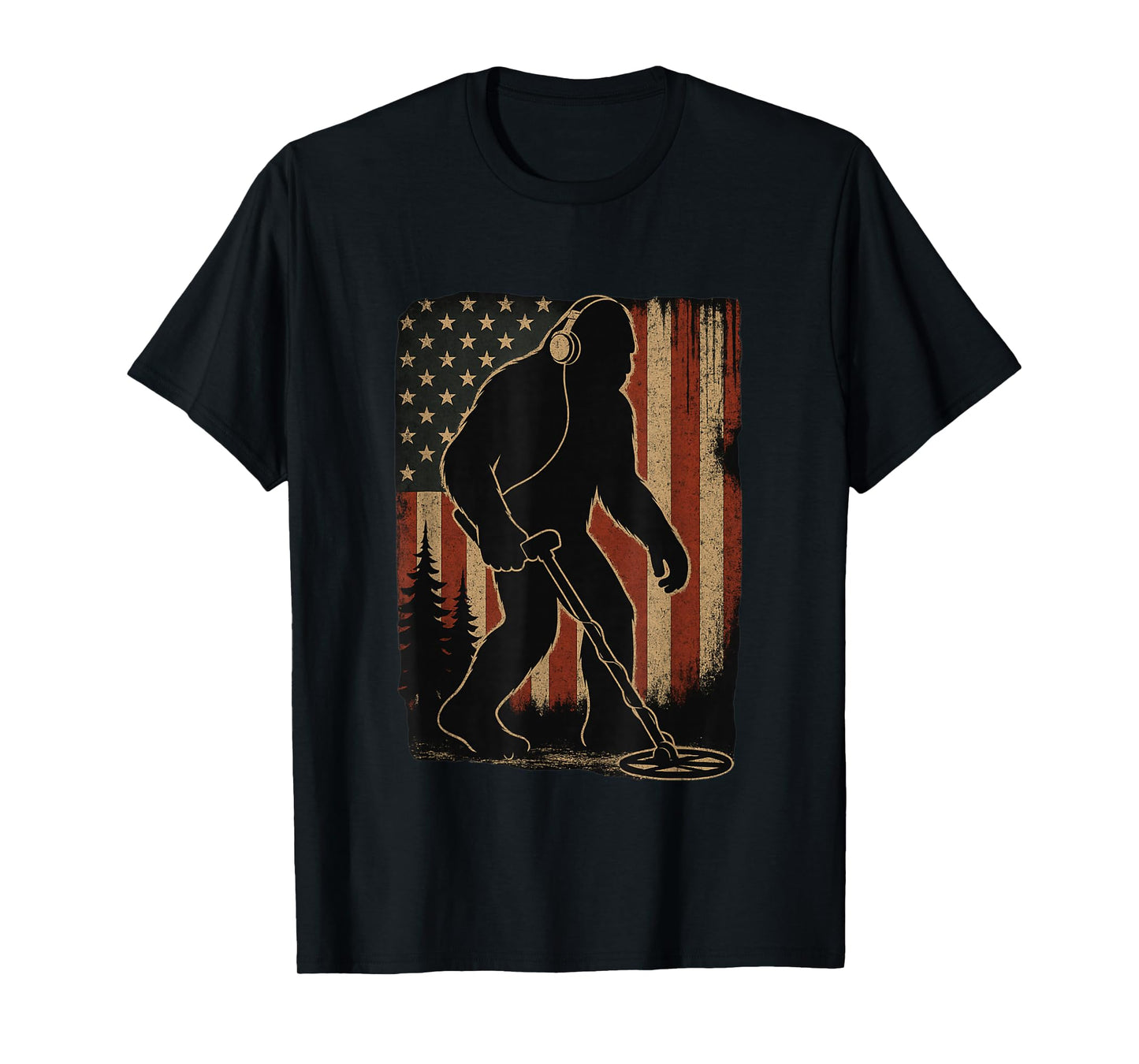 Bigfoot Dirt Fishing Metal Detecting American Flag Patriotic T-Shirt