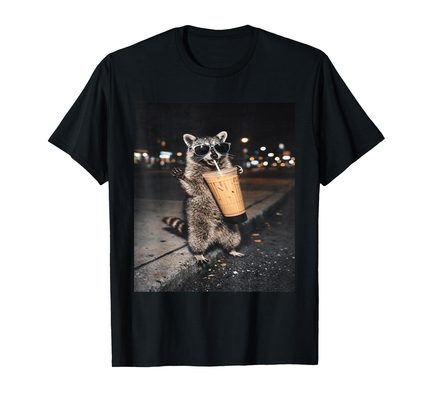 Raccoon Drinking Iced Coffee Funny for Men, Women, and Kids T-Shirt