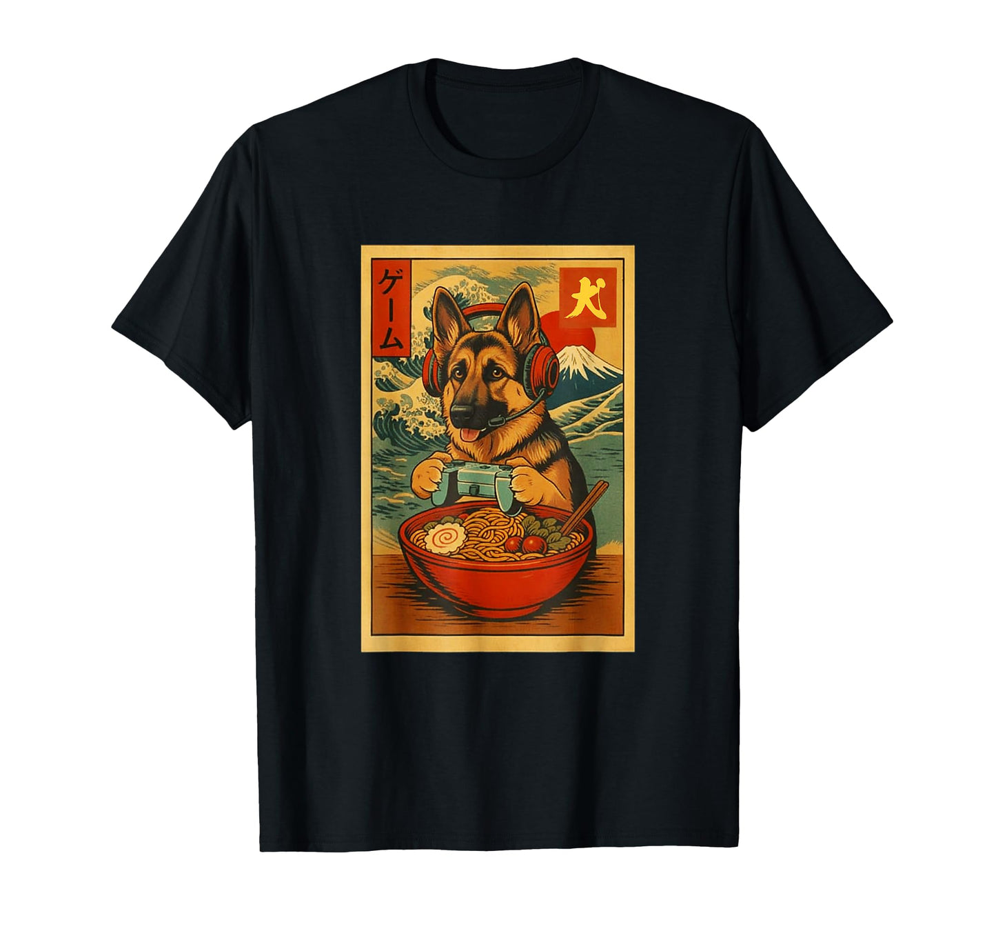 German Shepherd Gaming Ramen Ukiyo-e Great Wave Retro Art T-Shirt
