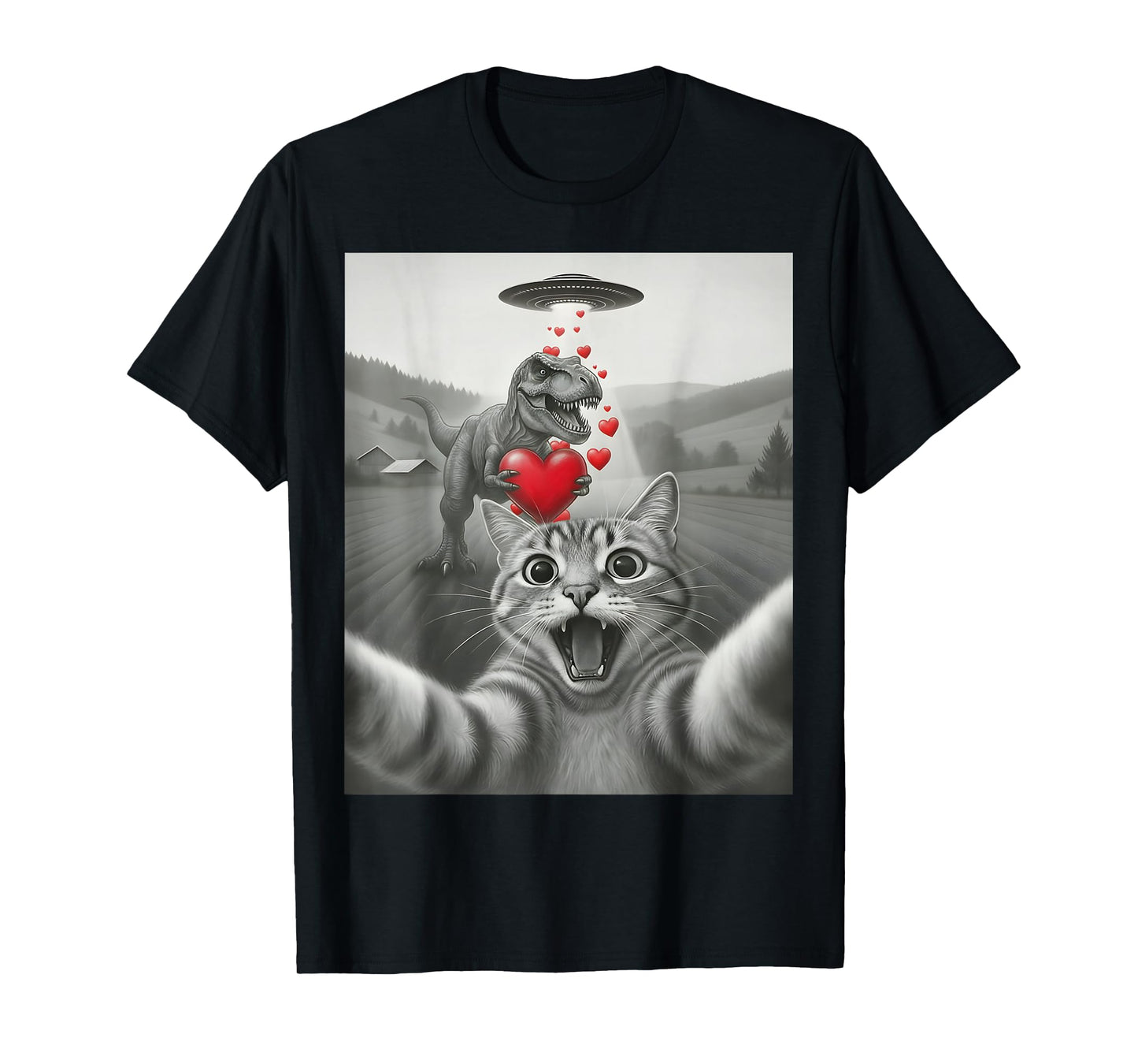 Funny Cat Selfie with T-Rex Dinosaur Valentines Cat Lover T-Shirt