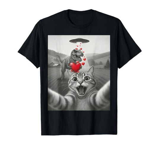 Funny Cat Selfie with T-Rex Dinosaur Valentines Cat Lover T-Shirt
