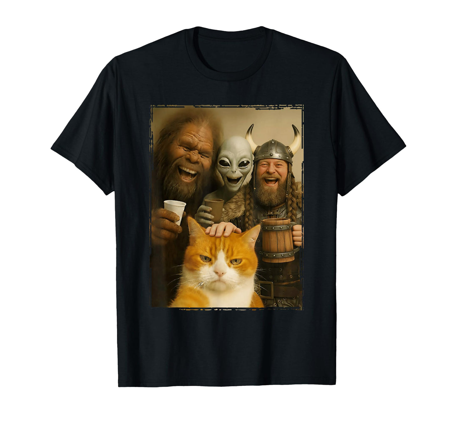 Cat Selfie with Bigfoot, Alien & Viking | Funny Cat T-Shirt