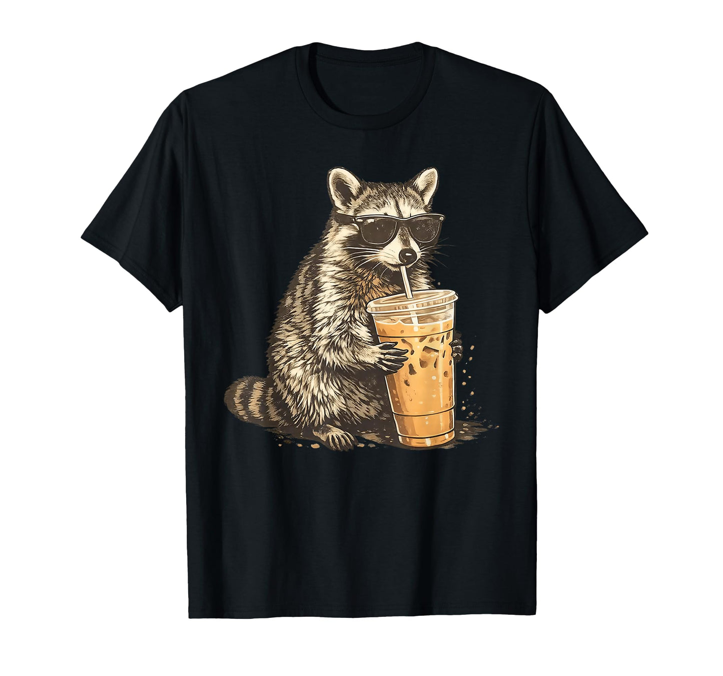 Funny Raccoon Drinking Iced Coffee Animal Meme Men Women T-Shirt