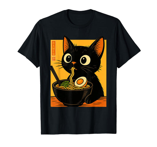 Anime Cat Ramen Japanese Funny Graphic Tees Kawaii Cat Lover T-Shirt