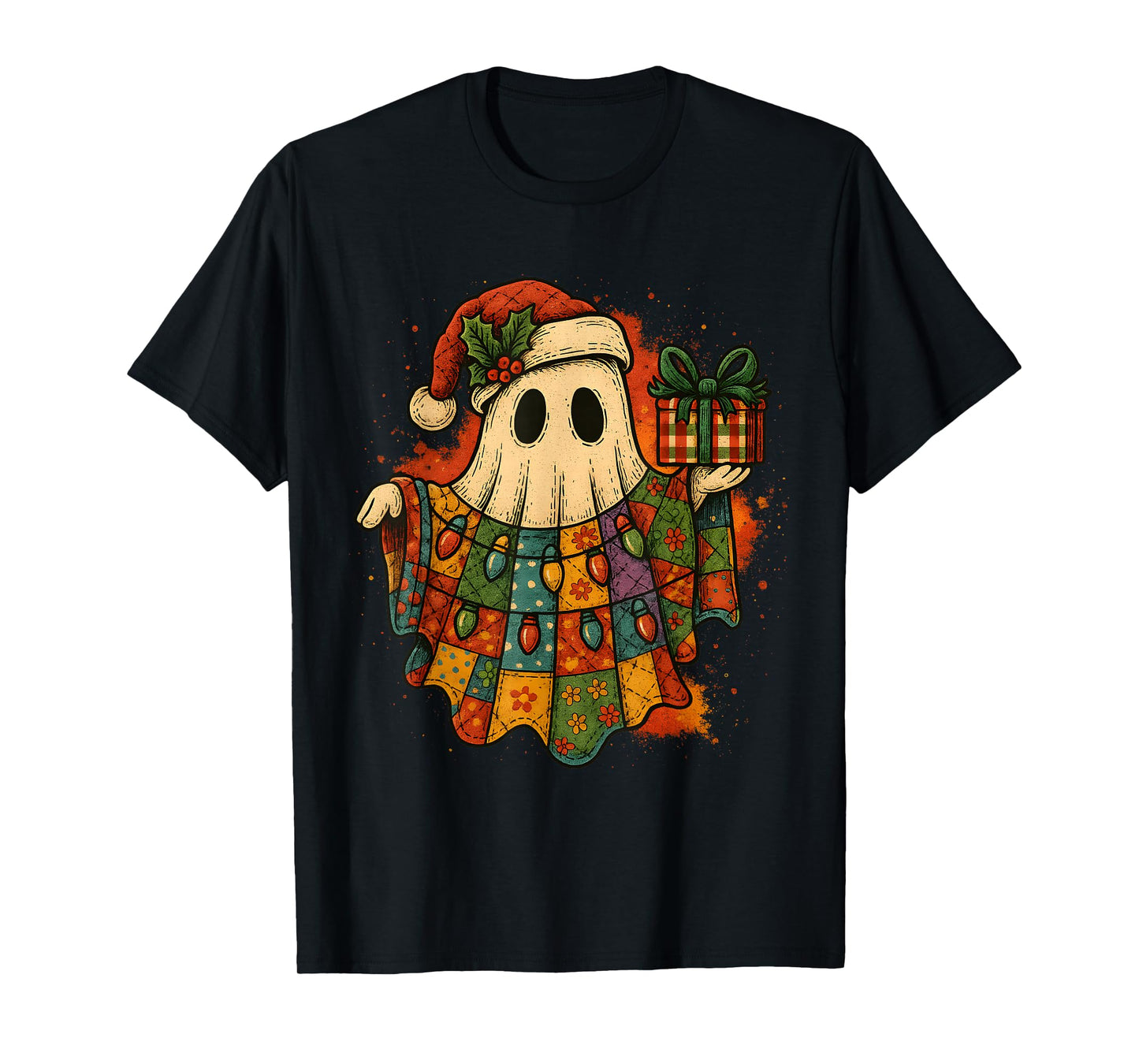 Vintage Christmas Ghost Patchwork Lights Design T-Shirt