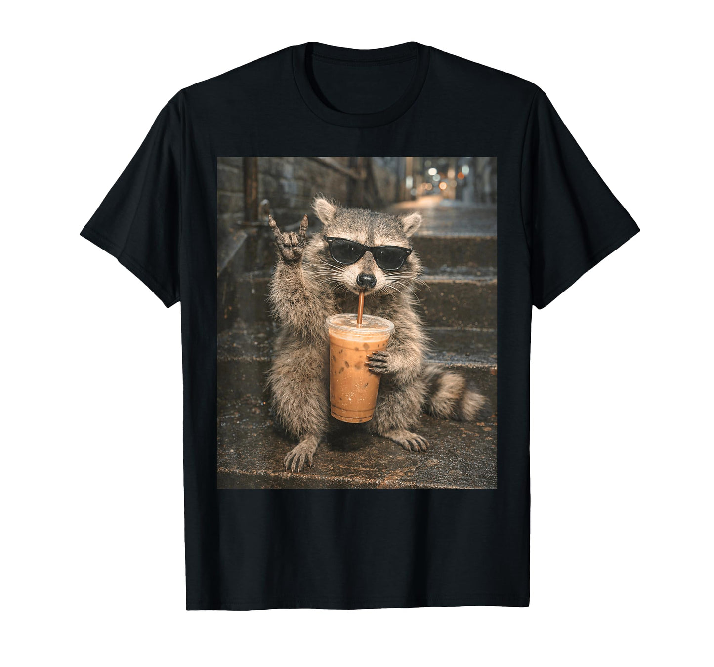 Raccoon Drinking Iced Coffee Meme Funny Animal for Men Women T-Shirt