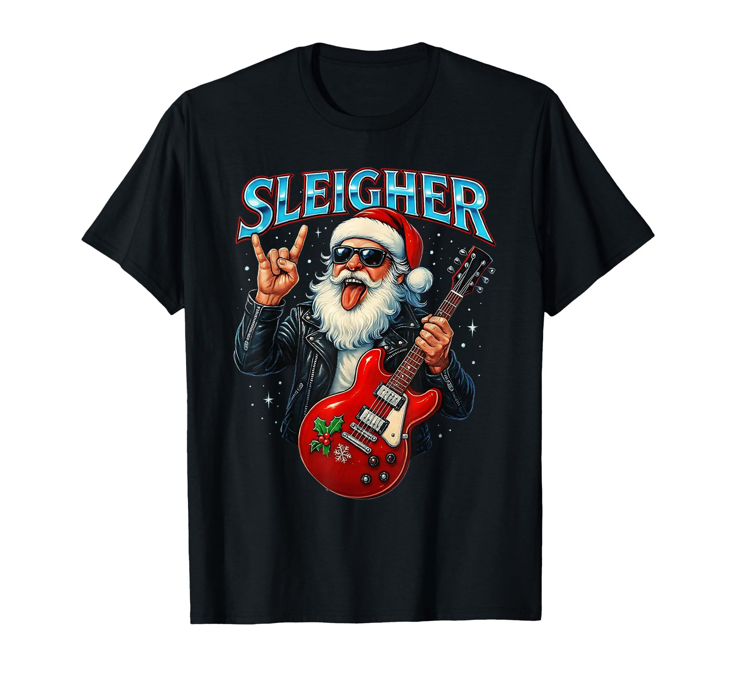 Sleigher Rock Santa Funny Metal Christmas Design T-Shirt