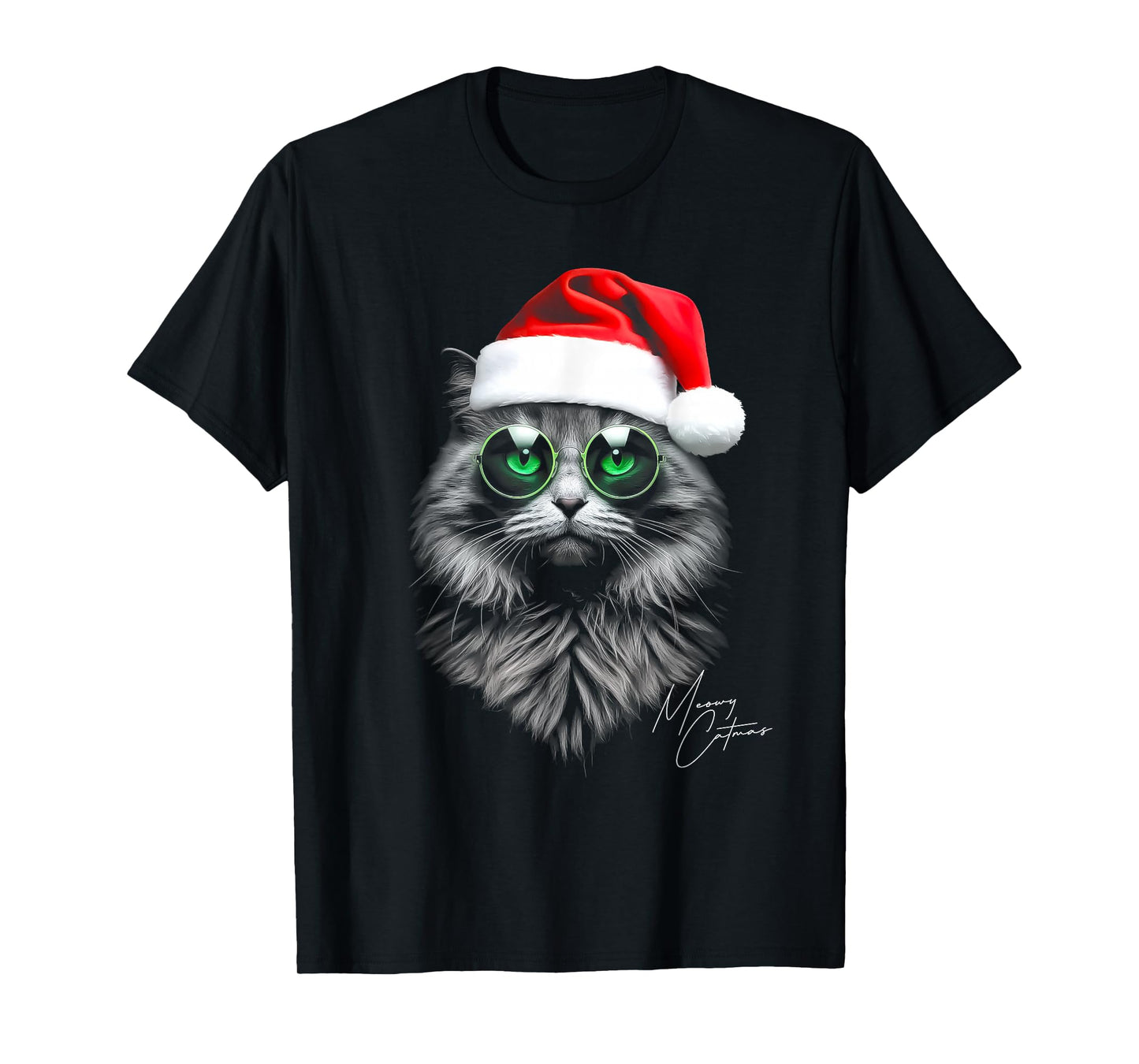 Meowy Catmas Funny Cool Xmas Cat Santa Hat Graphic Holidays T-Shirt