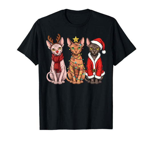 Retro Christmas Sphynx Cat Santa Reindeer T-Shirt