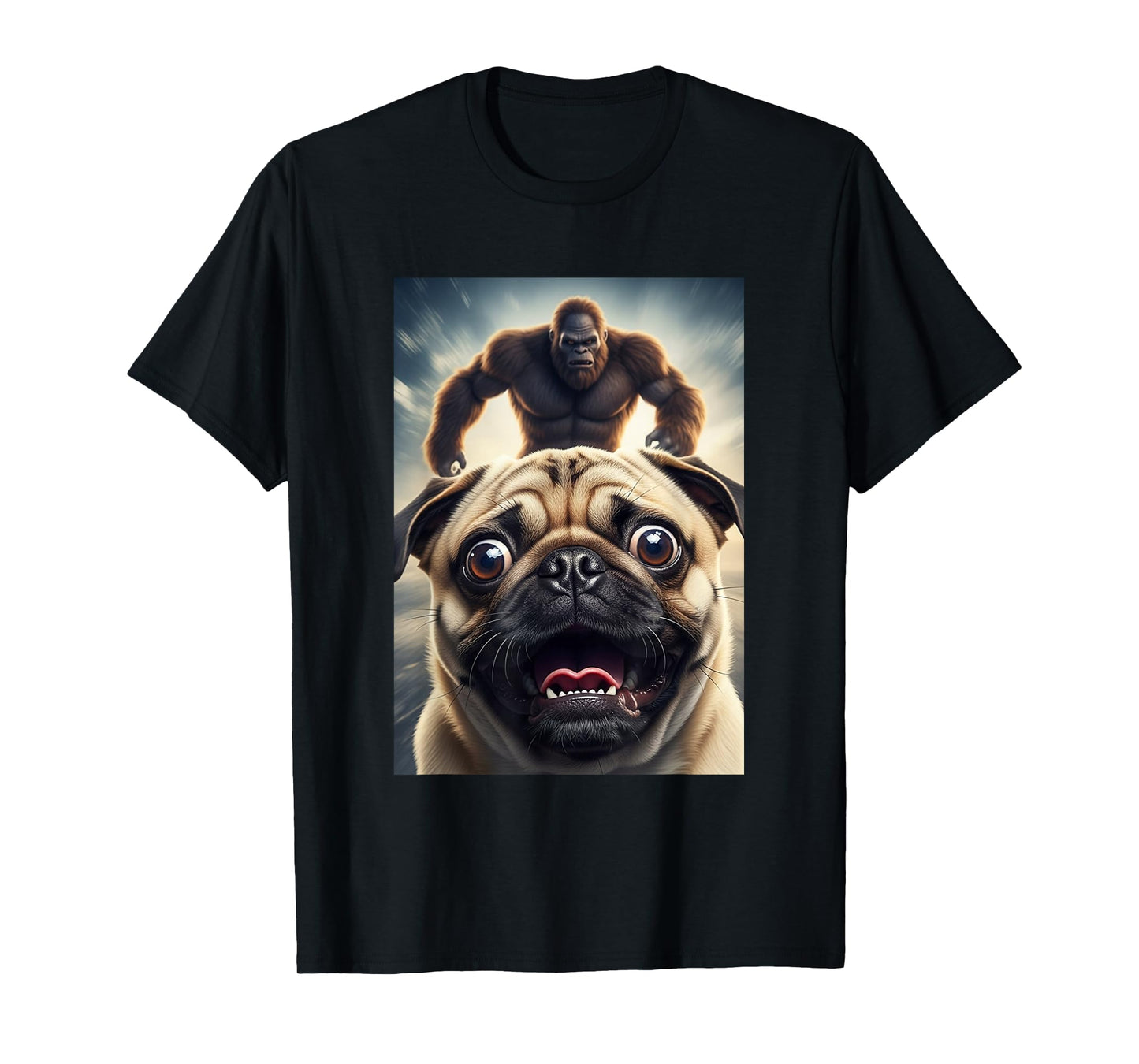 Funny Scared Pug Dog Selfie with Bigfoot Women Men Kids T-Shirt