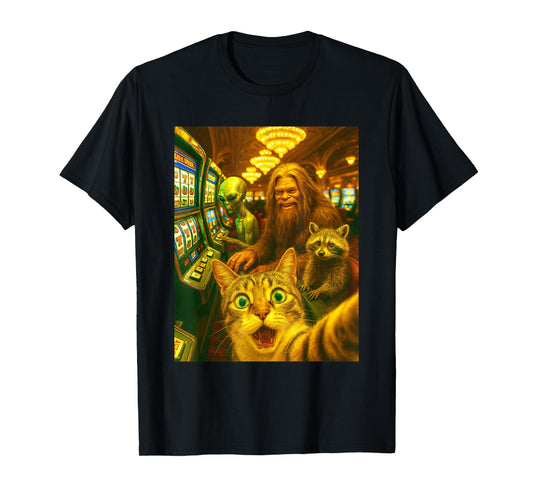 Cat Alien Bigfoot Casino Slot Machine Selfie Funny Gambling T-Shirt