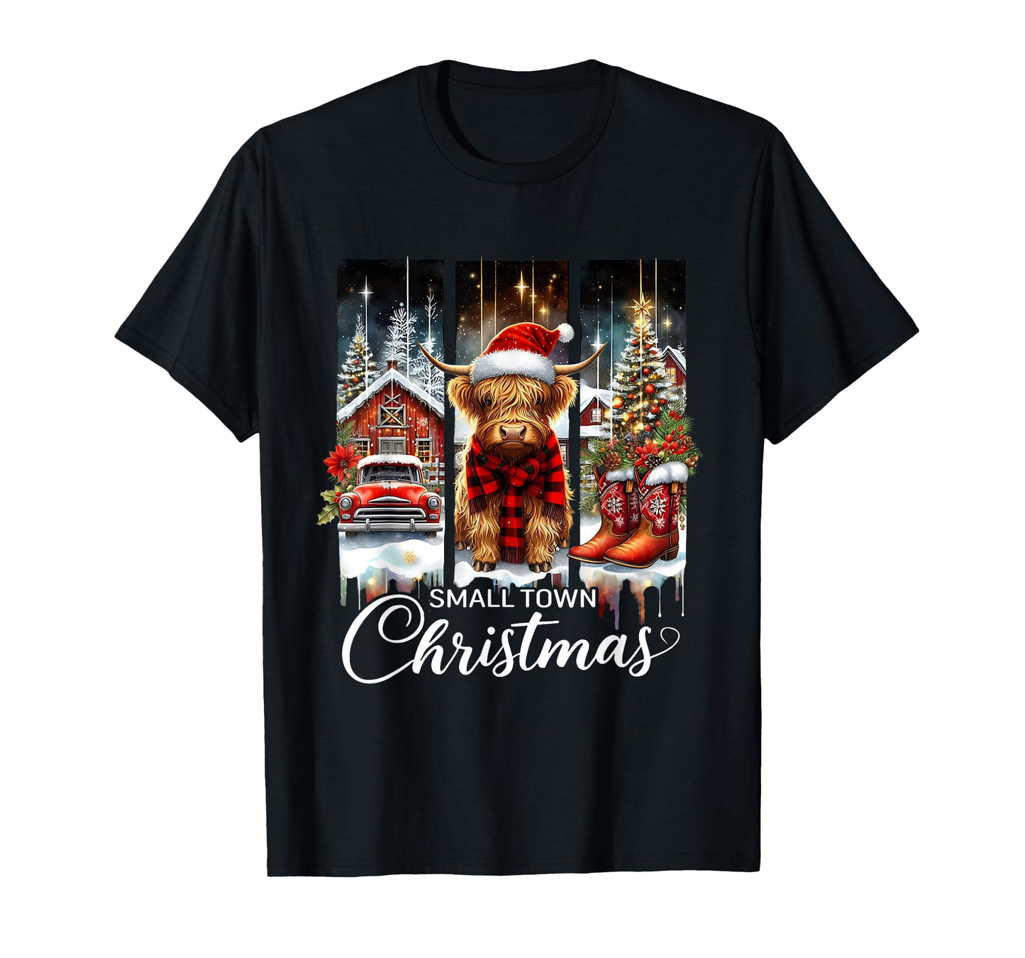 Small Town Christmas Highland Cow Western Art T-Shirt