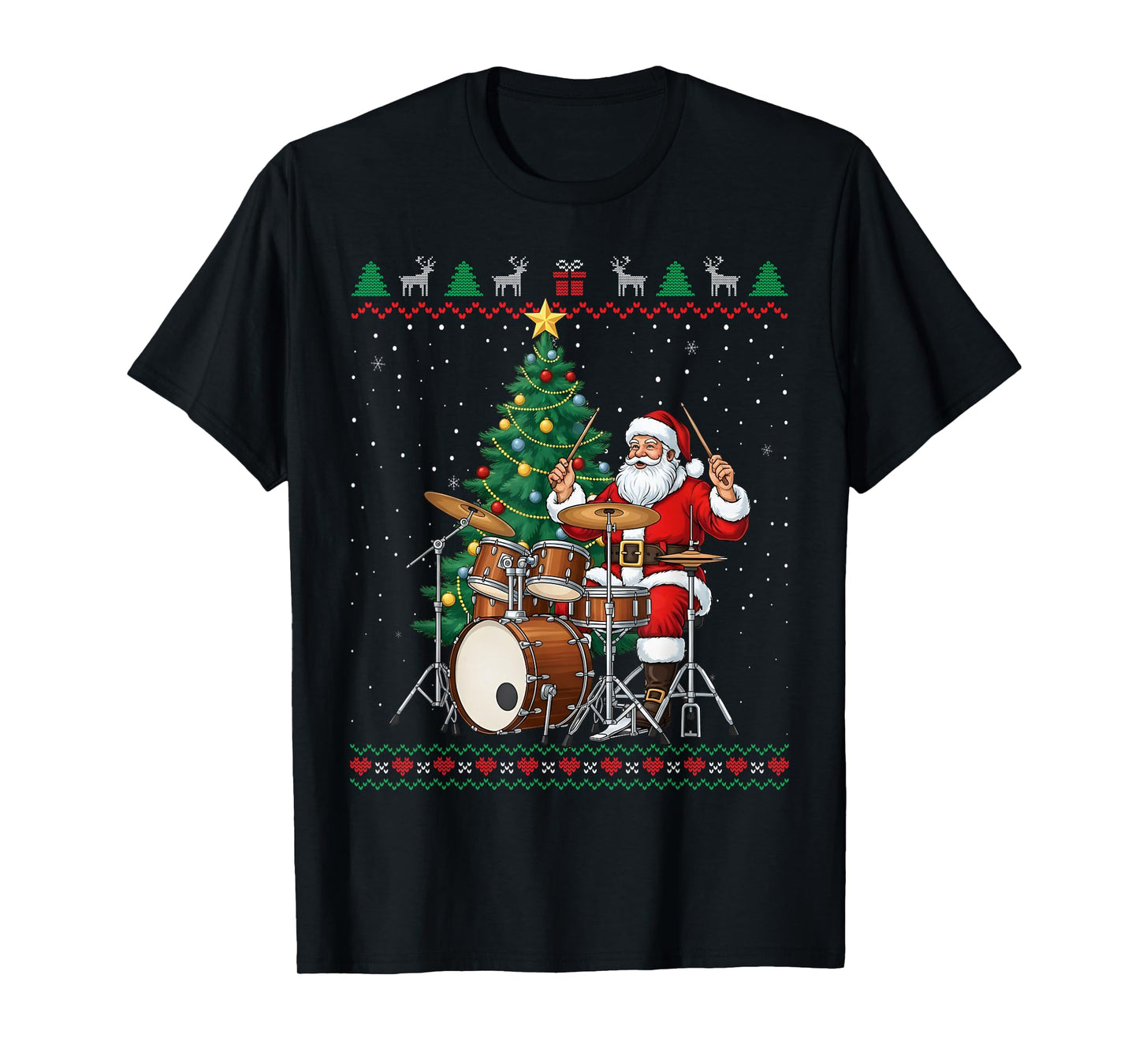 Santa Claus Playing Drums Christmas Funny Ugly Sweater T-Shirt