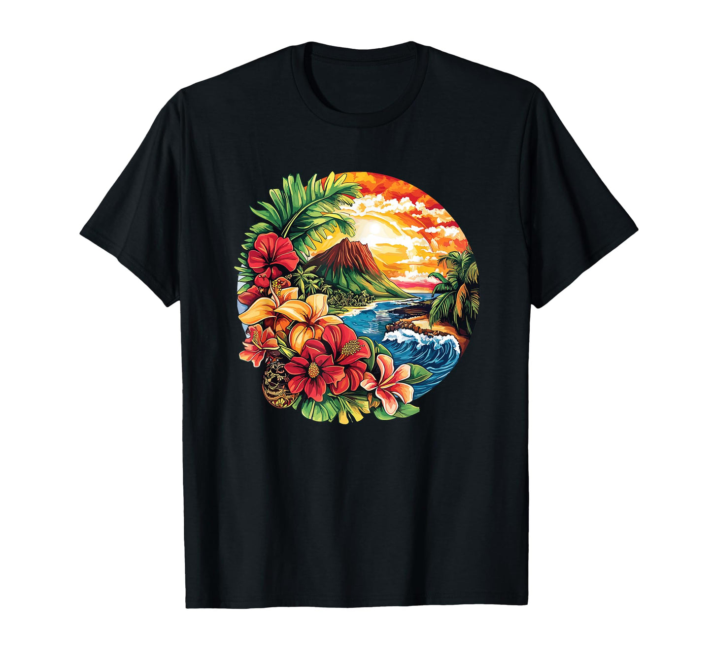 Hawaiian Beach Landscape Hibiscus Flowers Wave T-Shirt