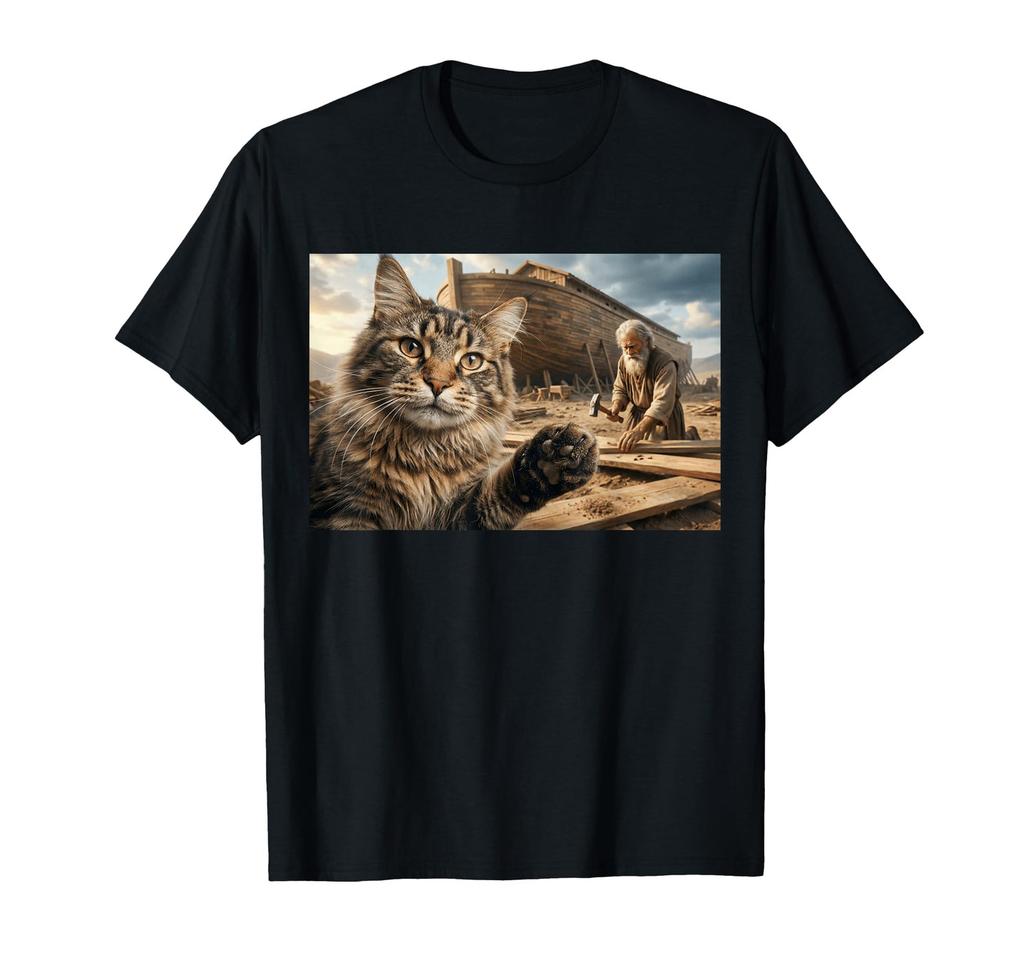 Funny Cat Helping Noah Build The Ark Christian Bible Humor T-Shirt