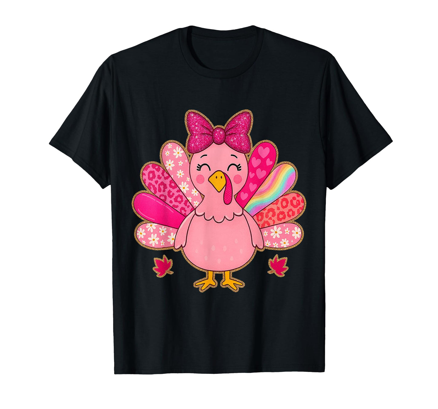 Pink Turkey Rainbow Leopard Fall Girls Thanksgiving Kids T-Shirt